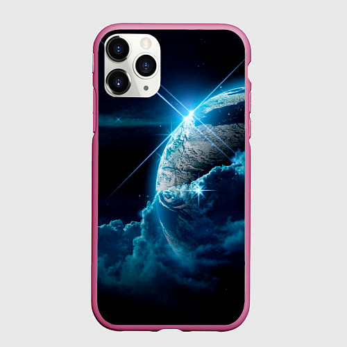 Чехол iPhone 11 Pro матовый Космос и сияющая планета / 3D-Малиновый – фото 1