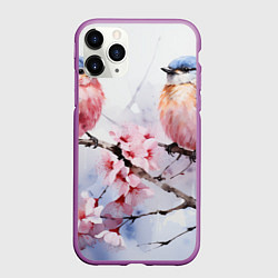 Чехол iPhone 11 Pro матовый Птицы в ветвях сакуры акварель, цвет: 3D-фиолетовый