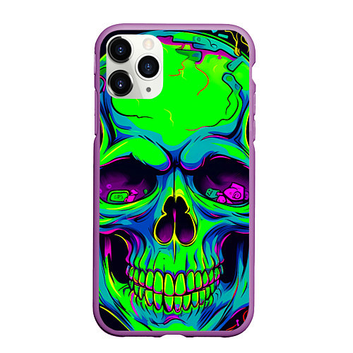 Чехол iPhone 11 Pro матовый Ярко кислотный череп в наушниках / 3D-Фиолетовый – фото 1