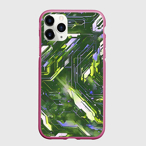 Чехол iPhone 11 Pro матовый Космические кибер схемы зелёные / 3D-Малиновый – фото 1