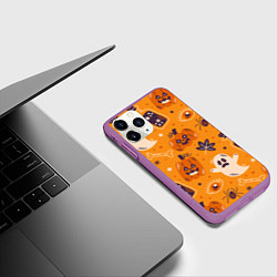 Чехол iPhone 11 Pro матовый Хэллоуин - тыквы и приведенья, цвет: 3D-фиолетовый — фото 2