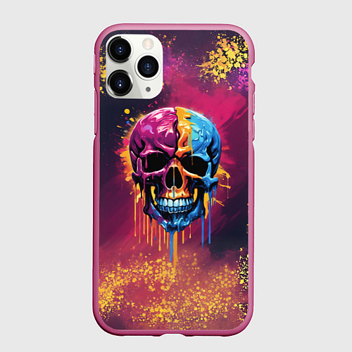 Чехол iPhone 11 Pro матовый Розовая и синяя краска капает с черепа / 3D-Малиновый – фото 1