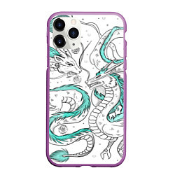 Чехол iPhone 11 Pro матовый Дракон Хаку в стиле тату: белый и бирюзовый паттер, цвет: 3D-фиолетовый
