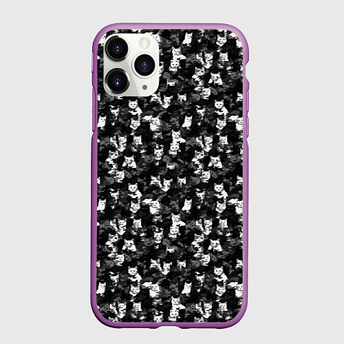 Чехол iPhone 11 Pro матовый Камуфляж с котиками / 3D-Фиолетовый – фото 1