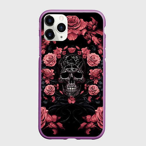 Чехол iPhone 11 Pro матовый И череп и розы / 3D-Фиолетовый – фото 1