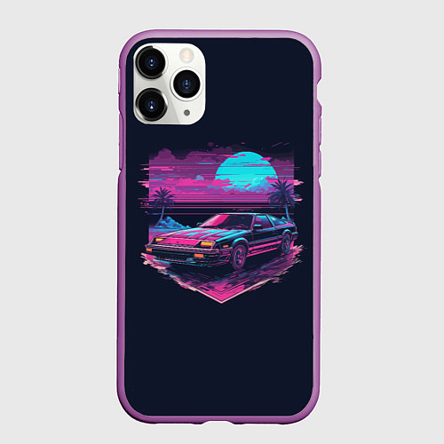 Чехол iPhone 11 Pro матовый Пальмы и гоночная машина в пурпурном свечении / 3D-Фиолетовый – фото 1