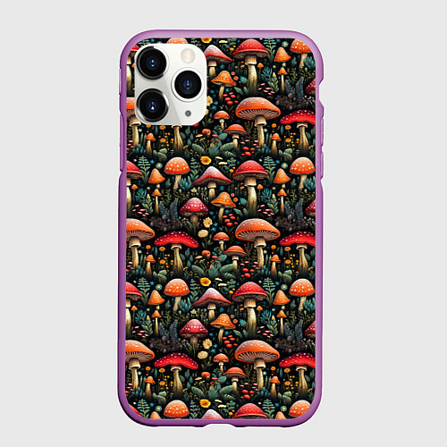 Чехол iPhone 11 Pro матовый Сказочные грибы мухоморы паттерн / 3D-Фиолетовый – фото 1