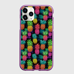 Чехол iPhone 11 Pro матовый Разноцветные ананасы паттерн, цвет: 3D-фиолетовый