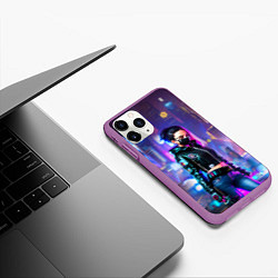 Чехол iPhone 11 Pro матовый Девчонка в маске в мегаполисе - киберпанк, цвет: 3D-фиолетовый — фото 2