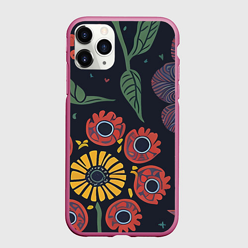 Чехол iPhone 11 Pro матовый Простые цветы на глубоком синем / 3D-Малиновый – фото 1