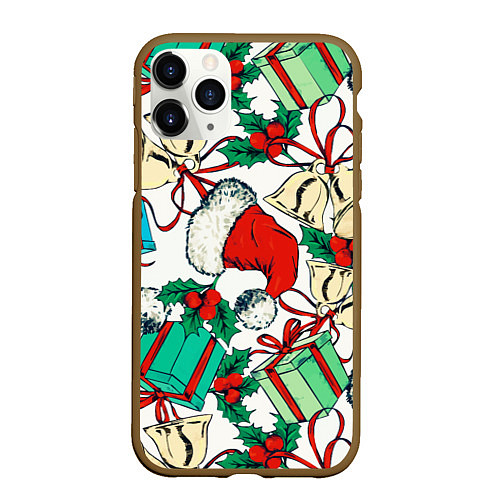 Чехол iPhone 11 Pro матовый Узор с новогодними падарками / 3D-Коричневый – фото 1
