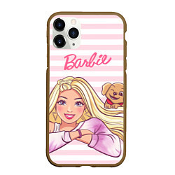 Чехол iPhone 11 Pro матовый Барби с щенком: розово-белая горизонтальная полоск, цвет: 3D-коричневый