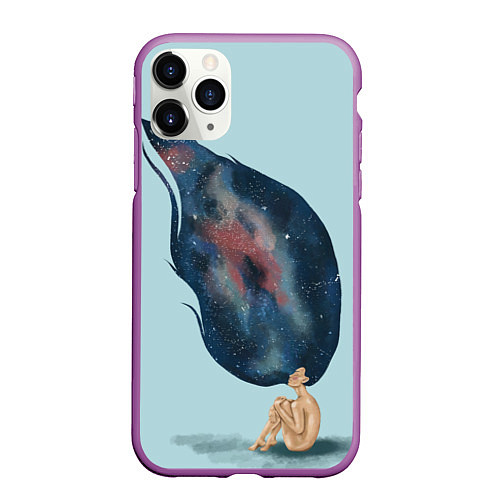 Чехол iPhone 11 Pro матовый Девушка космос в волосах / 3D-Фиолетовый – фото 1