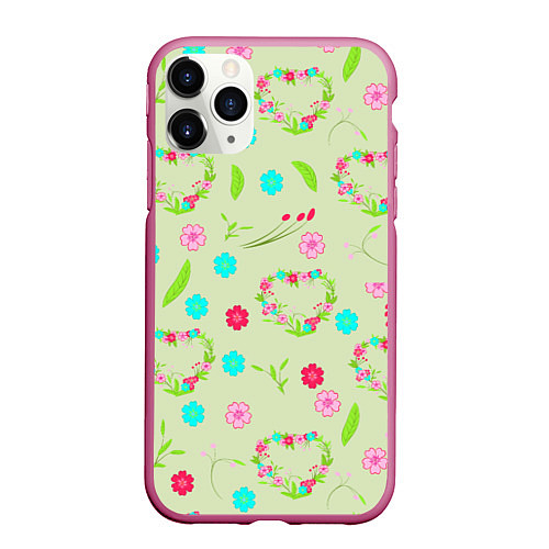 Чехол iPhone 11 Pro матовый Цветы и веточки - венок / 3D-Малиновый – фото 1