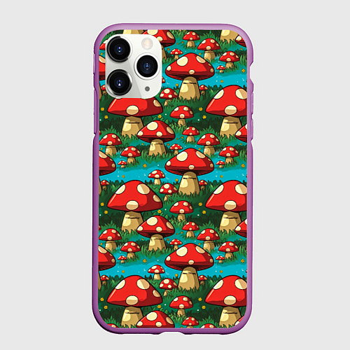 Чехол iPhone 11 Pro матовый Мультяшный мухомор паттерн / 3D-Фиолетовый – фото 1