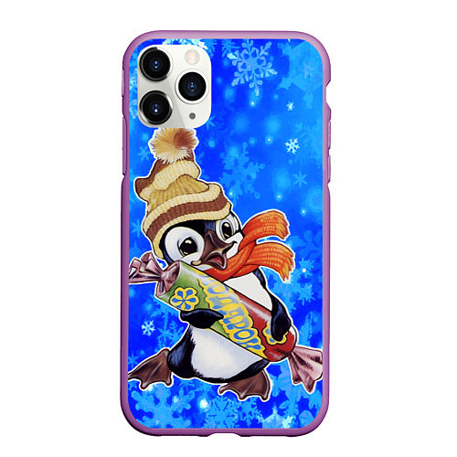 Чехол iPhone 11 Pro матовый Новогодний пингвин со снежинками / 3D-Фиолетовый – фото 1