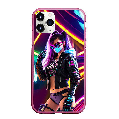 Чехол iPhone 11 Pro матовый Cool girl - cyberpunk - neon glow / 3D-Малиновый – фото 1