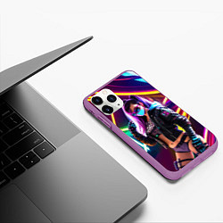 Чехол iPhone 11 Pro матовый Cool girl - cyberpunk - neon glow, цвет: 3D-фиолетовый — фото 2