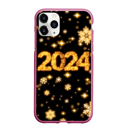 Чехол iPhone 11 Pro матовый Новый 2024 год - золотые снежинки / 3D-Малиновый – фото 1