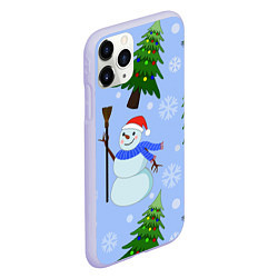 Чехол iPhone 11 Pro матовый Снеговики с новогодними елками паттерн, цвет: 3D-светло-сиреневый — фото 2