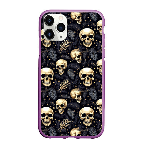 Чехол iPhone 11 Pro матовый Черепы, звезды и хвойные ветки / 3D-Фиолетовый – фото 1