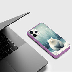 Чехол iPhone 11 Pro матовый Мишка в зимнем лесу в стиле фолк-арт, цвет: 3D-фиолетовый — фото 2