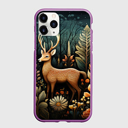 Чехол iPhone 11 Pro матовый Лесной олень в стиле фолк-арт, цвет: 3D-фиолетовый
