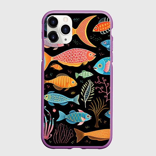 Чехол iPhone 11 Pro матовый Фолк-арт рыбовы / 3D-Фиолетовый – фото 1