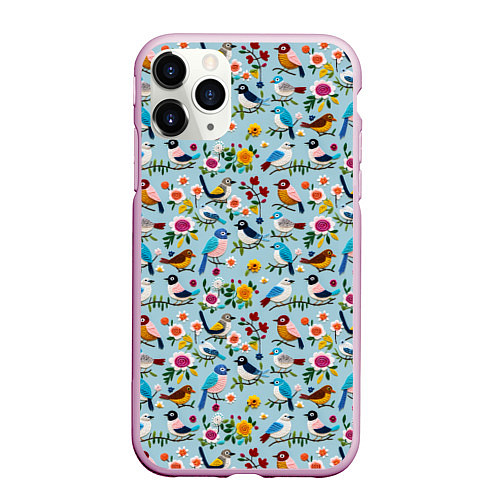 Чехол iPhone 11 Pro матовый Вязаные птички паттерн / 3D-Розовый – фото 1