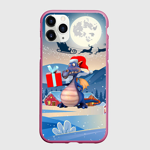 Чехол iPhone 11 Pro матовый Новогодний дракон 2024 / 3D-Малиновый – фото 1
