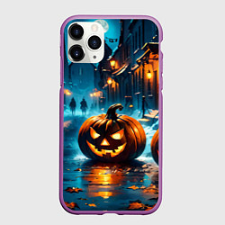 Чехол iPhone 11 Pro матовый Темная ночная улица и жуткие тыквы, цвет: 3D-фиолетовый