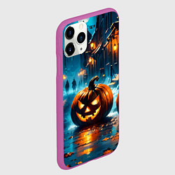 Чехол iPhone 11 Pro матовый Темная ночная улица и жуткие тыквы, цвет: 3D-фиолетовый — фото 2