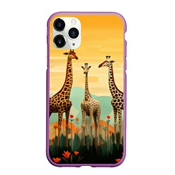 Чехол iPhone 11 Pro матовый Три жирафа в стиле фолк-арт, цвет: 3D-фиолетовый