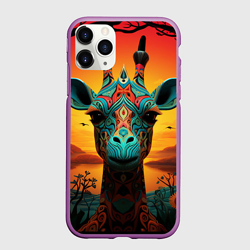 Чехол iPhone 11 Pro матовый Жираф в стиле фолк-арт / 3D-Фиолетовый – фото 1