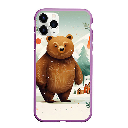 Чехол iPhone 11 Pro матовый Рождественский мишка фолк-арт / 3D-Фиолетовый – фото 1