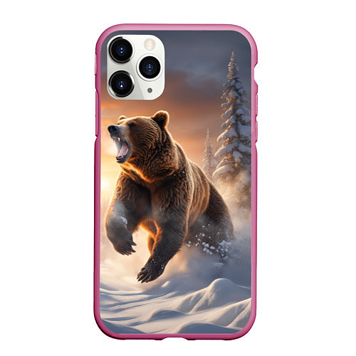 Чехол iPhone 11 Pro матовый Бурый медведь в лесу / 3D-Малиновый – фото 1