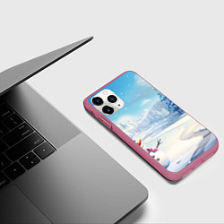 Чехол iPhone 11 Pro матовый Новогодний пейзаж снеговик, цвет: 3D-малиновый — фото 2