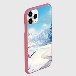Чехол iPhone 11 Pro матовый Новогодний пейзаж снеговик, цвет: 3D-малиновый — фото 2