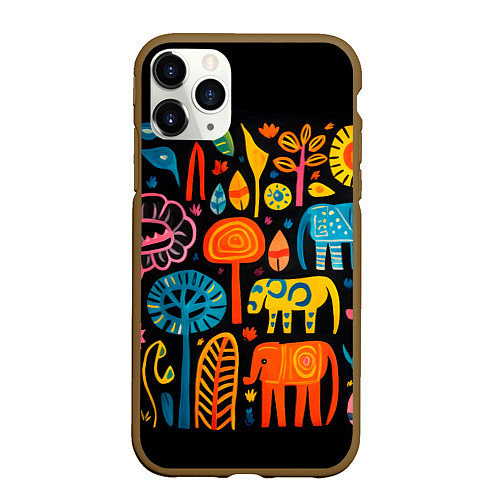 Чехол iPhone 11 Pro матовый Африканский узор со слонами - нейросеть / 3D-Коричневый – фото 1