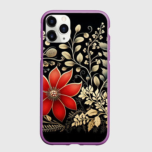 Чехол iPhone 11 Pro матовый Новогодние цветы и листья / 3D-Фиолетовый – фото 1