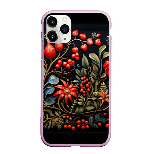 Чехол iPhone 11 Pro матовый Новогодние ягоды и цветы / 3D-Розовый – фото 1