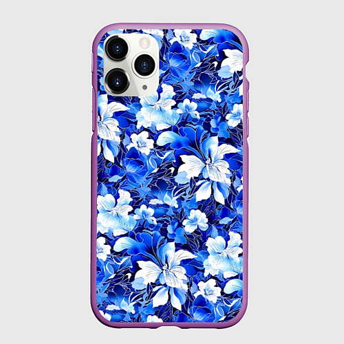 Чехол iPhone 11 Pro матовый Голубой цветник / 3D-Фиолетовый – фото 1