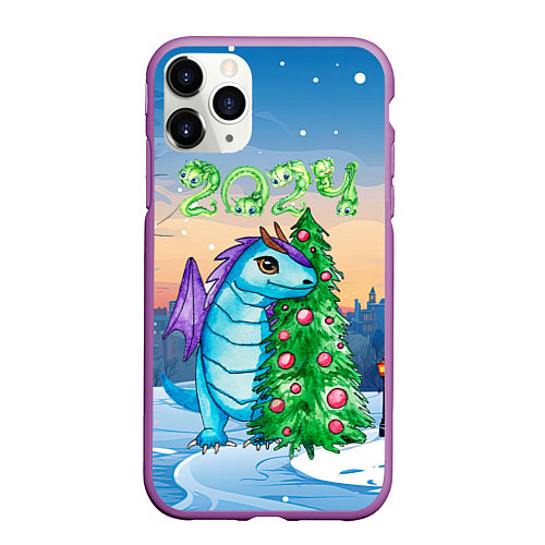 Чехол iPhone 11 Pro матовый Дракон у елки 2024 / 3D-Фиолетовый – фото 1
