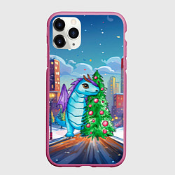 Чехол iPhone 11 Pro матовый Дракон у новогодней елки, цвет: 3D-малиновый