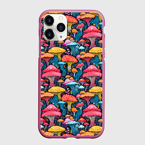 Чехол iPhone 11 Pro матовый Разноцветные грибы причудливый паттерн / 3D-Малиновый – фото 1