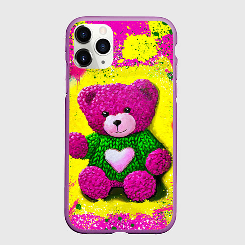 Чехол iPhone 11 Pro матовый Розовый мишка в вязаном свитере / 3D-Фиолетовый – фото 1