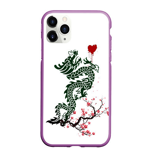 Чехол iPhone 11 Pro матовый Дракон на сакуре / 3D-Фиолетовый – фото 1