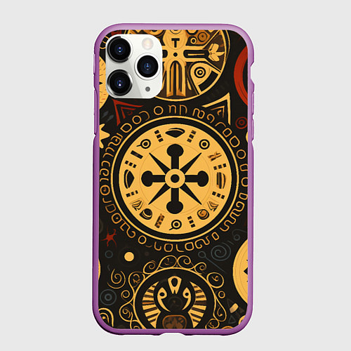 Чехол iPhone 11 Pro матовый Узор в славянском стиле на тёмном фоне / 3D-Фиолетовый – фото 1
