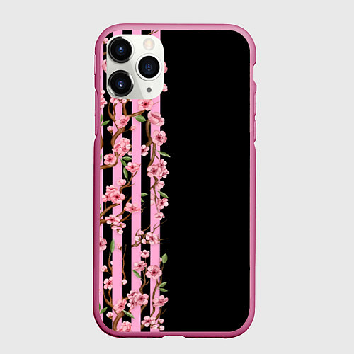 Чехол iPhone 11 Pro матовый Сакура и полосы / 3D-Малиновый – фото 1