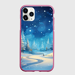 Чехол iPhone 11 Pro матовый Зима в лесу елочки, цвет: 3D-малиновый